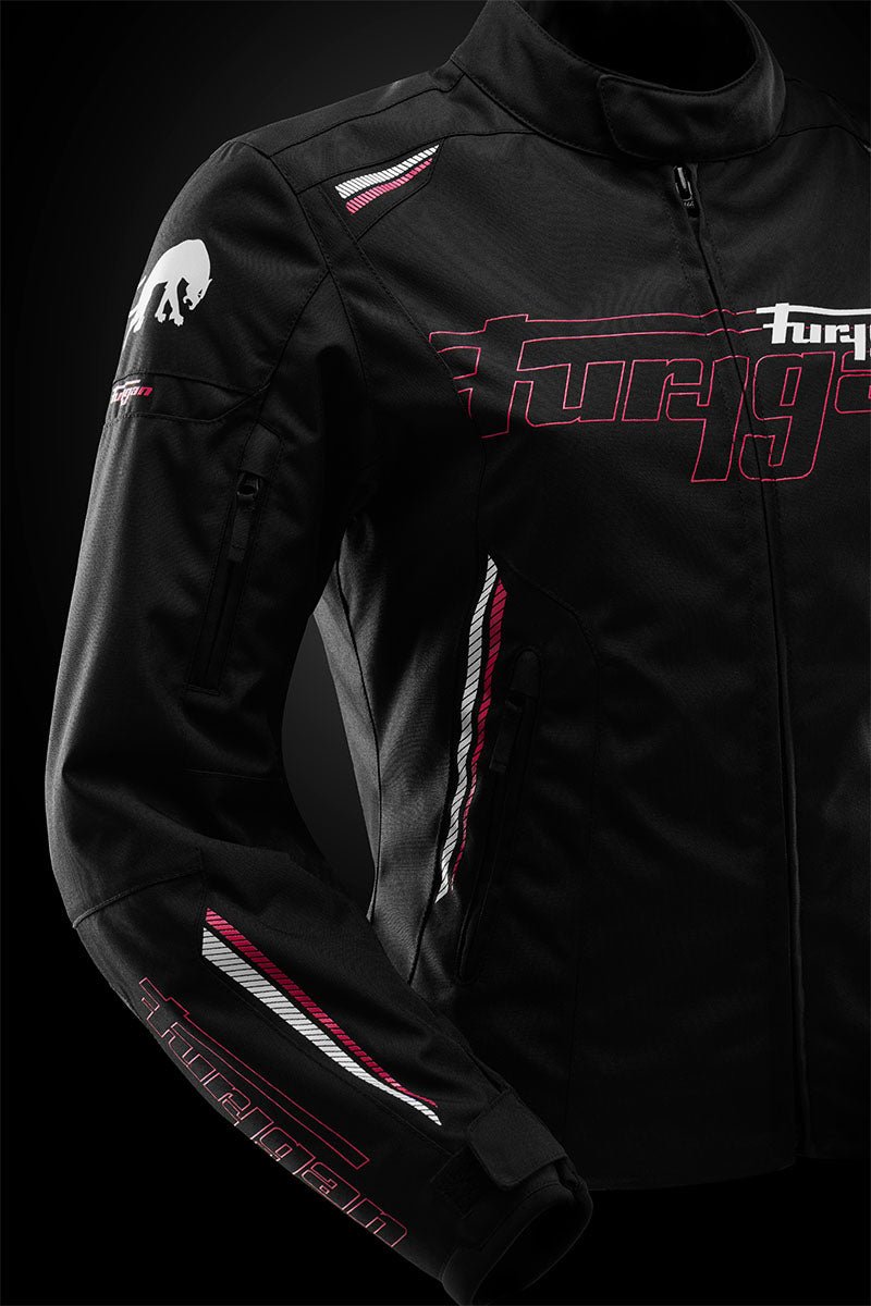 Blouson Moto Furygan AGATA — Protection CE Niveau AA Noir - Blanc - Rose - LE PRATIQUE DU MOTARD