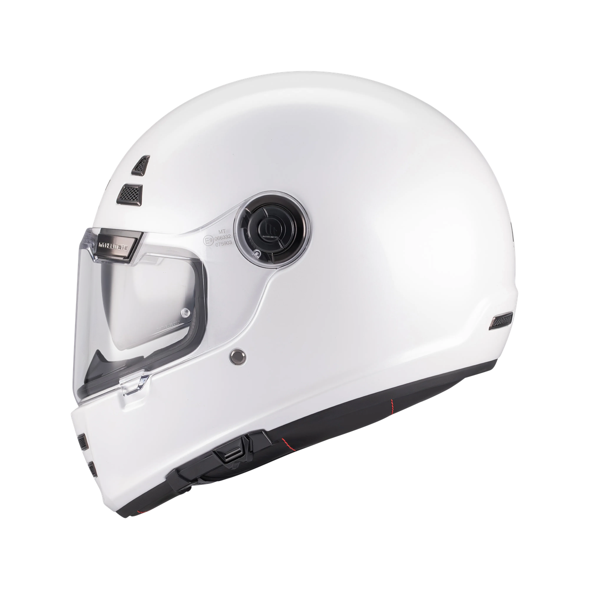 Casque intégral MT café racer blanc nacré de profil, ligne arrondie et écran solaire