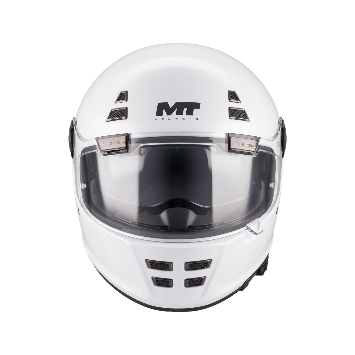 Casque intégral homologué ECE 22-06 blanc nacré de face, ventilations mentonnière ajourées