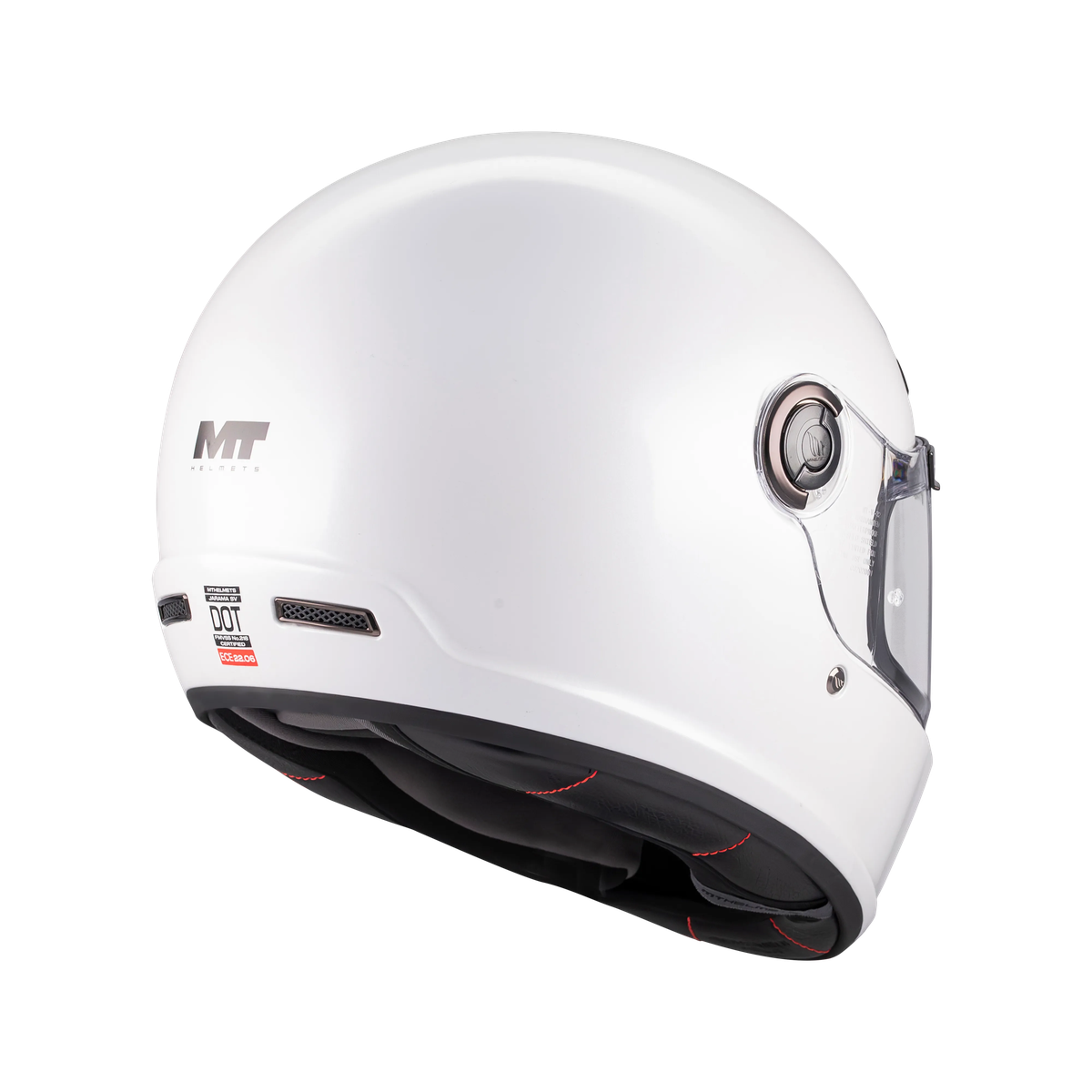 Casque intégral MT Jarama SV blanc nacré vu de l'arrière, coque sphérique rétro