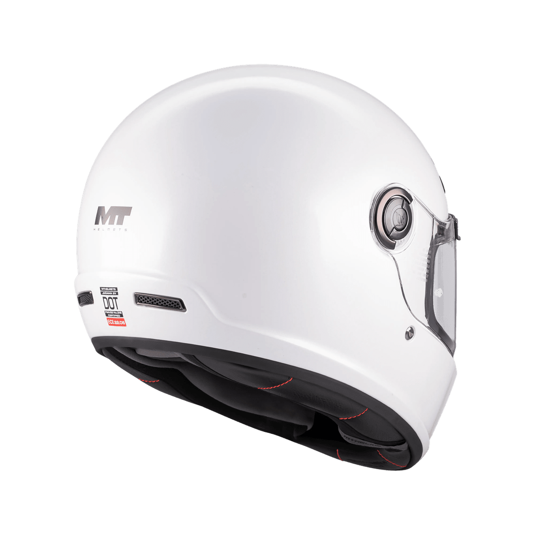 Casque intégral MT Jarama SV blanc nacré vu de l'arrière, coque sphérique rétro