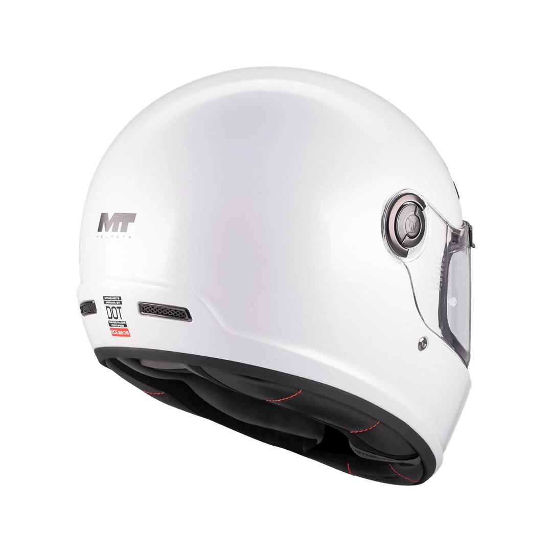 Casque intégral MT Jarama SV blanc nacré vu de l'arrière, coque sphérique rétro