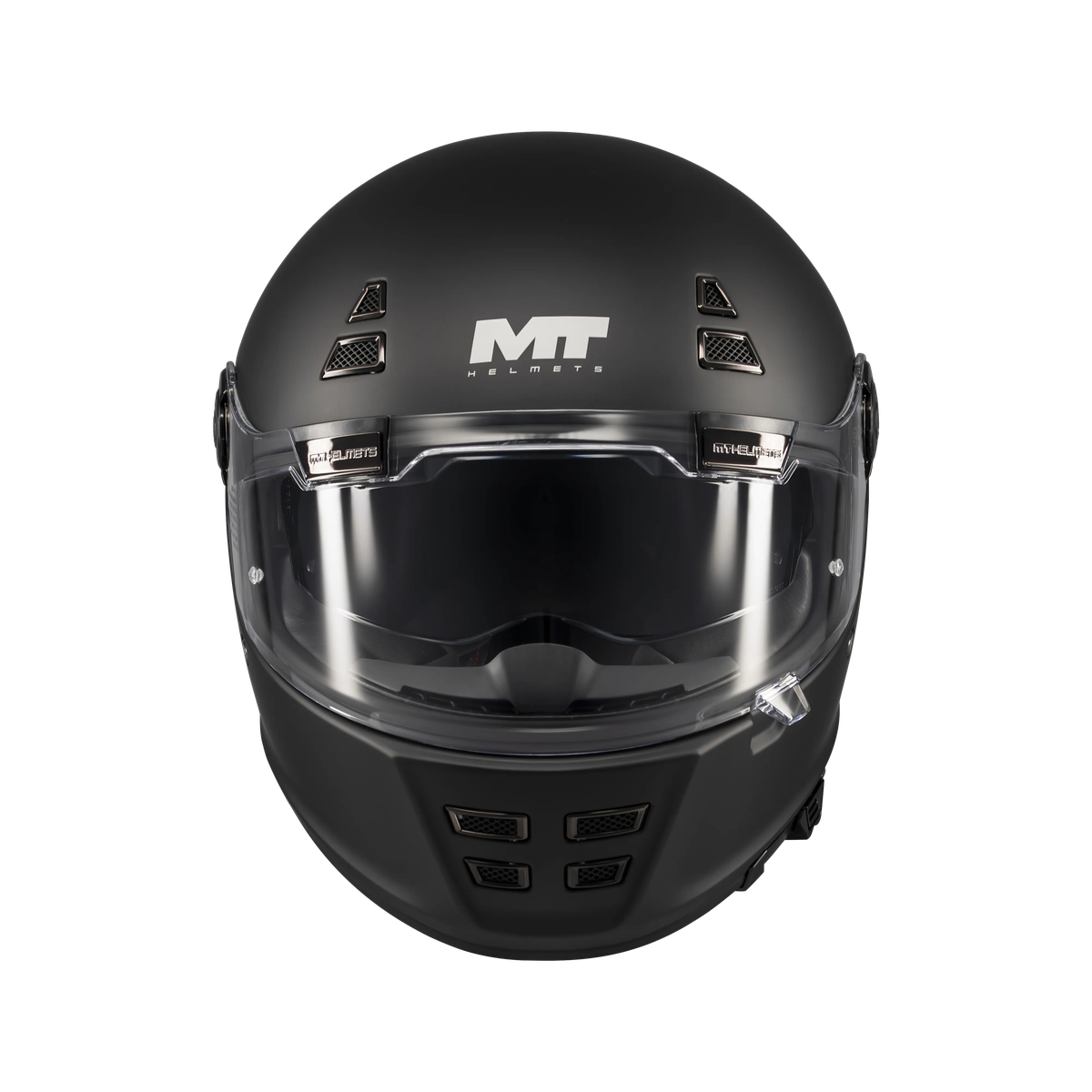 Casque intégral homologué ECE 22-06 noir mat de face, ventilations mentonnière ajourées