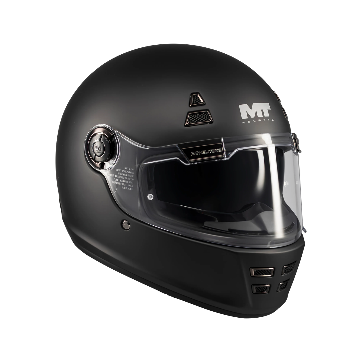 Casque intégral MT café racer noir mat trois-quarts avant, écran panoramique large