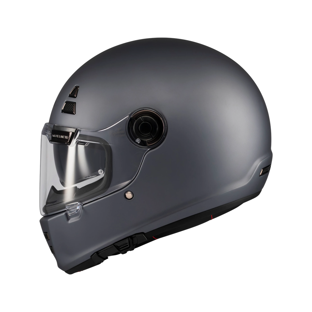 Casque intégral MT café racer gris mat de profil, silhouette arrondie et écran solaire