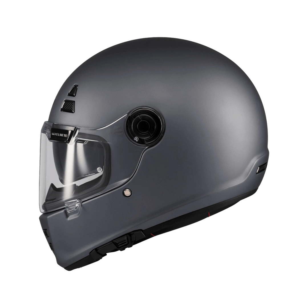 Casque intégral MT café racer gris mat de profil, silhouette arrondie et écran solaire