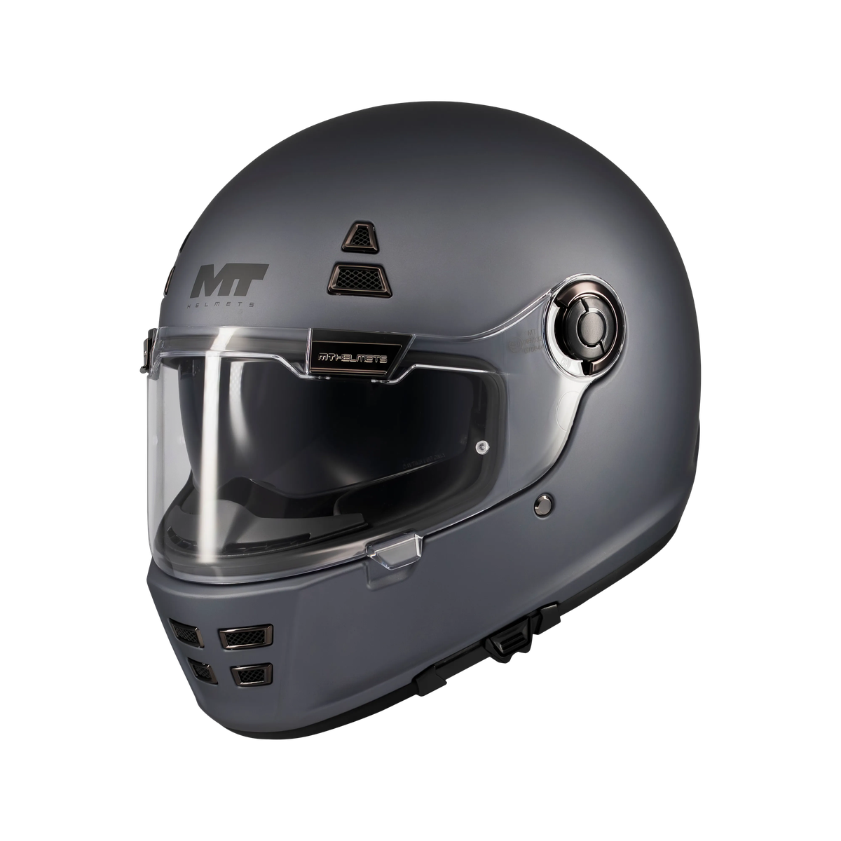 Casque intégral rétro MT Jarama SV gris mat, vue trois-quarts face visière fermée - LE PRATIQUE DU MOTARD