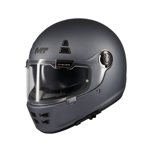 Casque intégral rétro MT Jarama SV gris mat, vue trois-quarts face visière fermée - LE PRATIQUE DU MOTARD