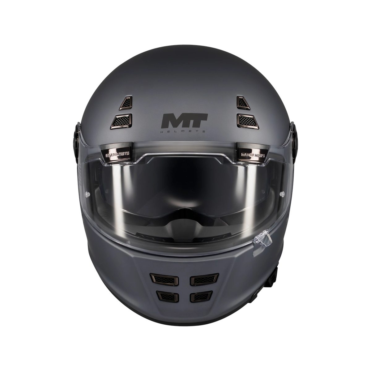Casque intégral homologué ECE 22-06 gris mat de face, doubles ventilations mentonnière