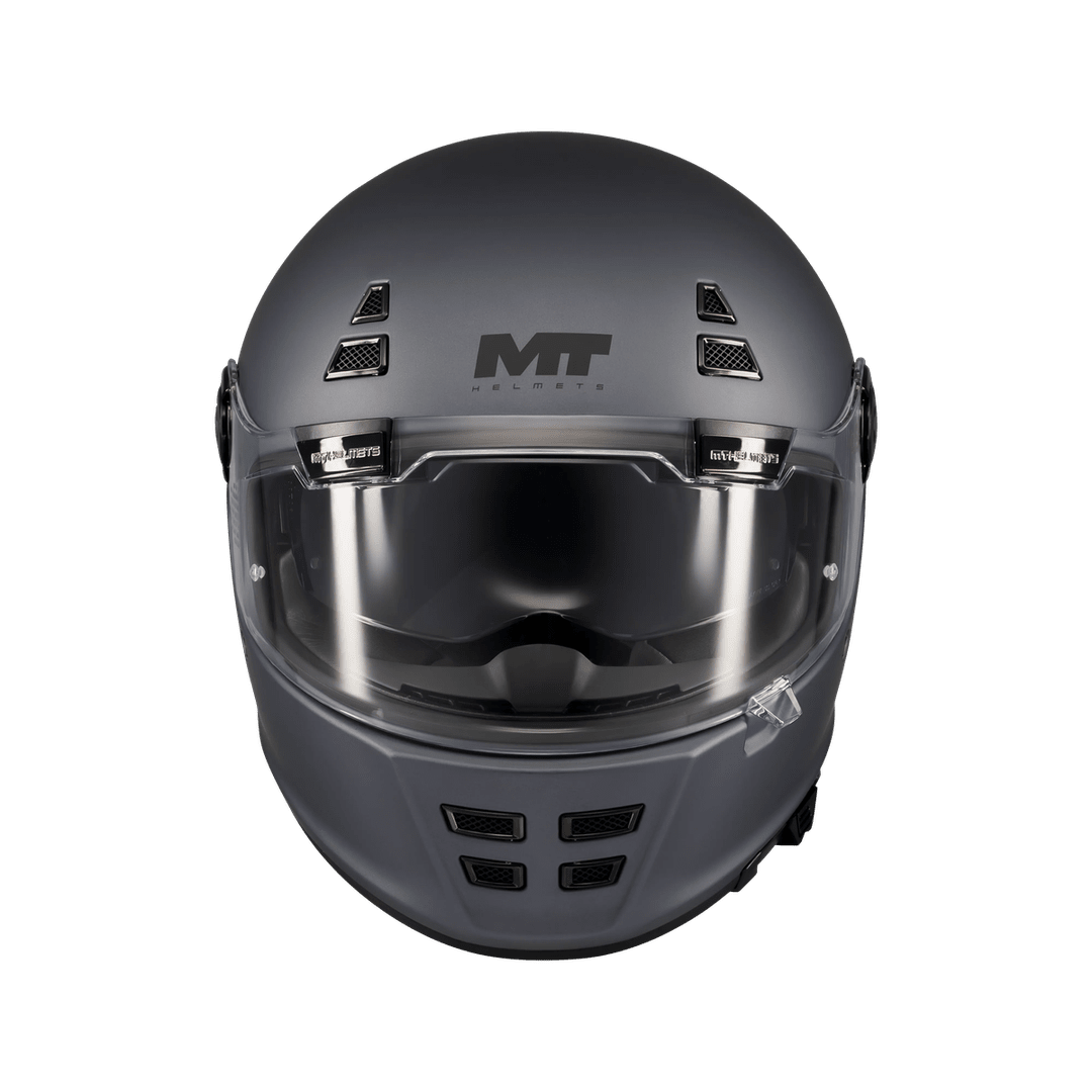 Casque intégral homologué ECE 22-06 gris mat de face, doubles ventilations mentonnière