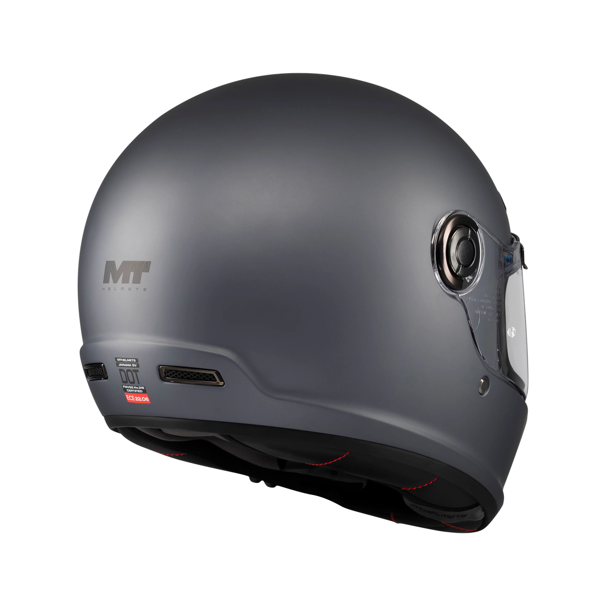 Casque intégral MT Jarama SV gris mat vu de l'arrière, mécanisme écran et coque sphérique