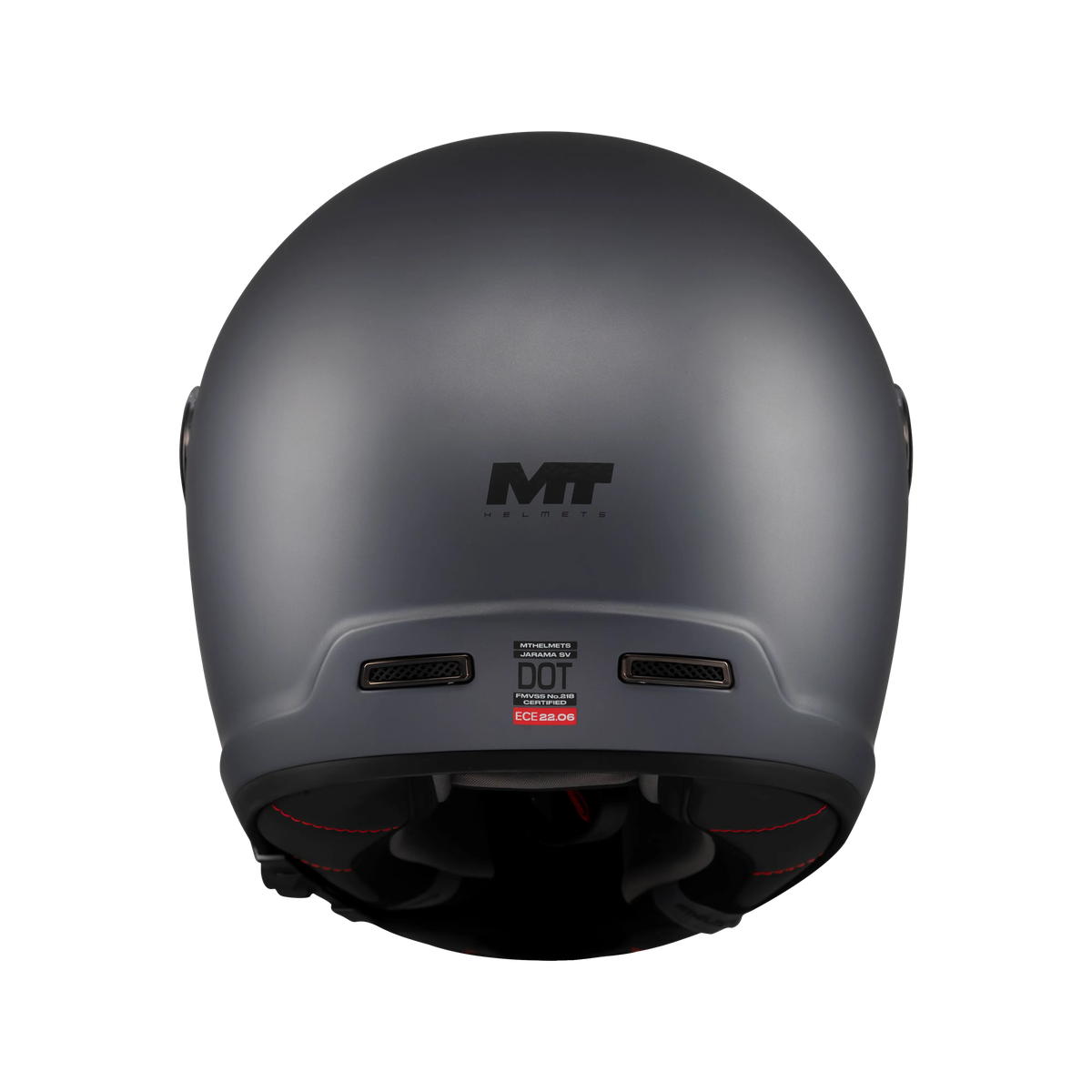 Casque intégral gris mat arrière, extracteurs d'air et étiquette homologation ECE 22-06