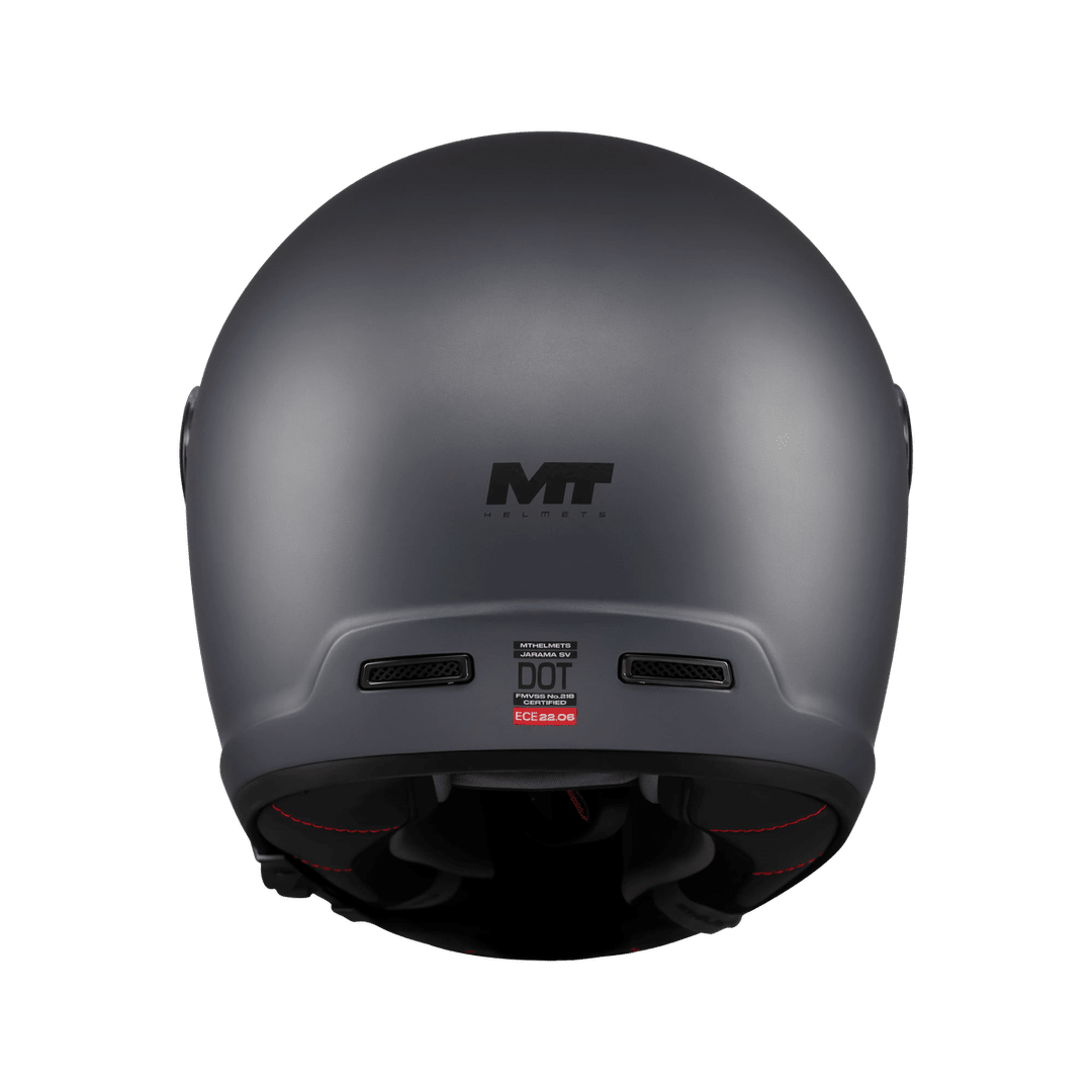 Casque intégral gris mat arrière, extracteurs d'air et étiquette homologation ECE 22-06