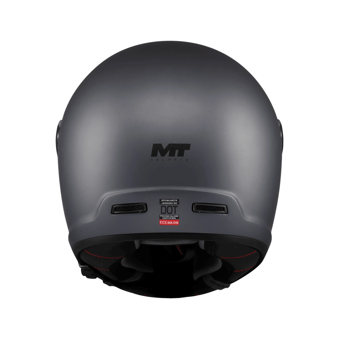 Casque intégral gris mat arrière, extracteurs d'air et étiquette homologation ECE 22-06