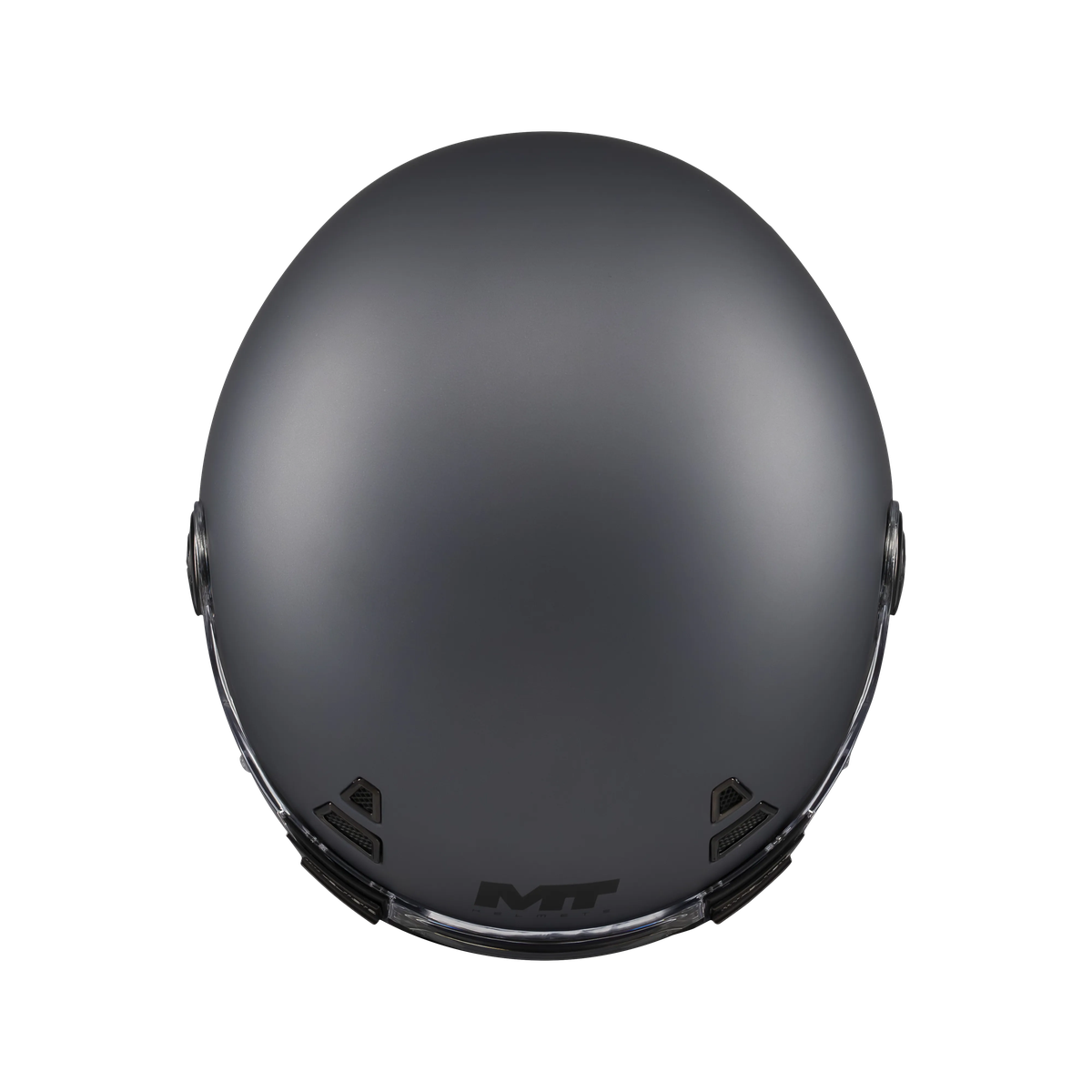 Casque intégral gun metal gris mat vu du dessus, calotte ronde néo-rétro