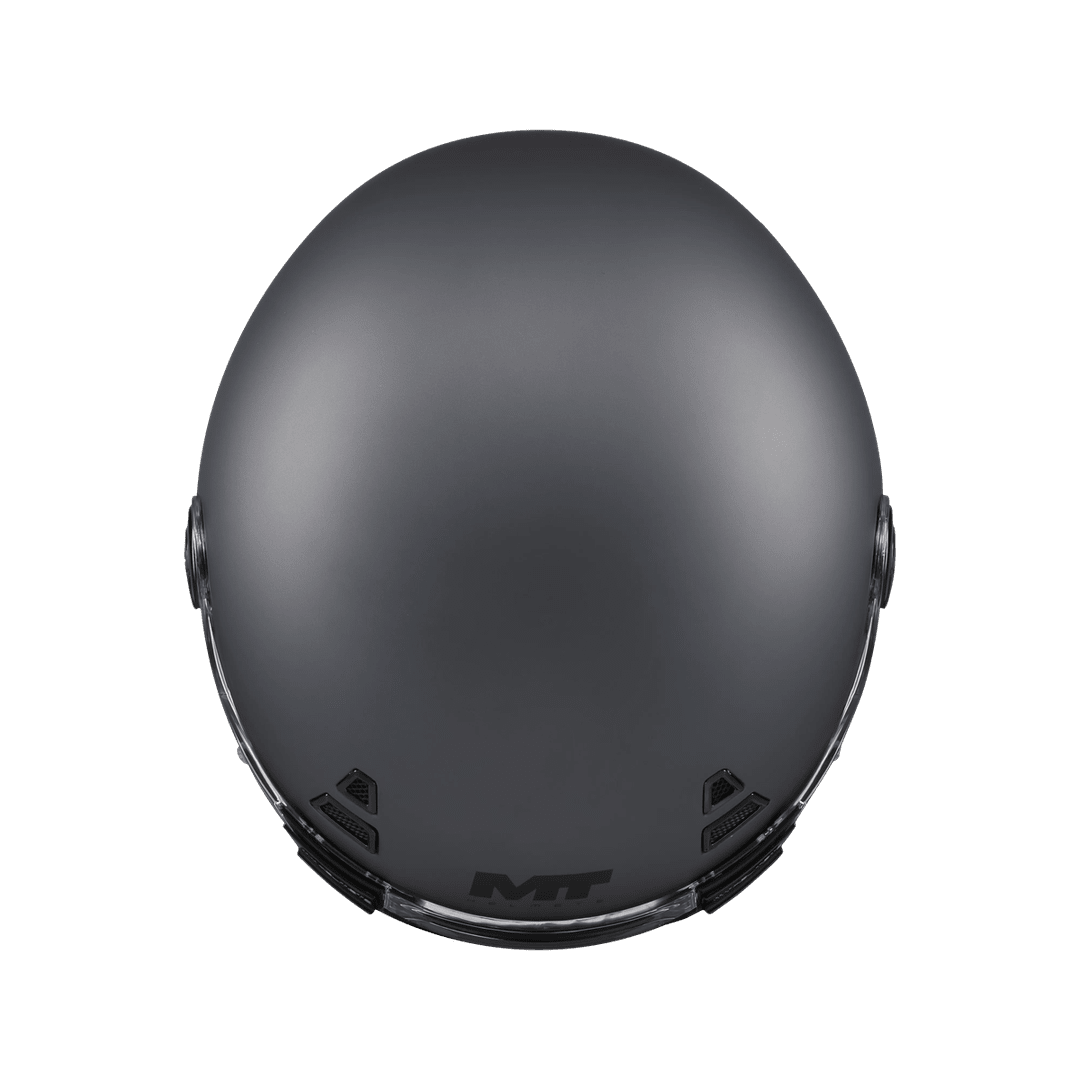 Casque intégral gun metal gris mat vu du dessus, calotte ronde néo-rétro