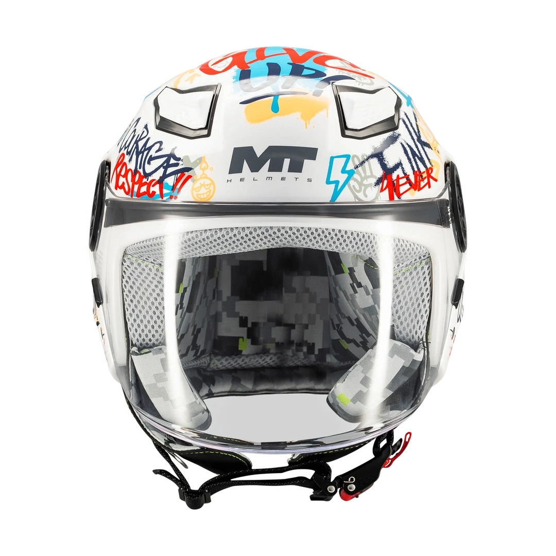Casque jet enfant homologué ECE 22.06 MT Lite Crew vue de face, visière transparente baissée