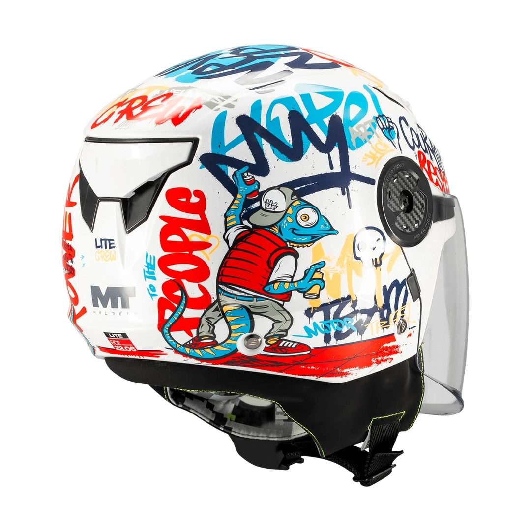 Casque jet enfant scooter MT Lite Crew de trois quarts arrière, décor graffiti et aération