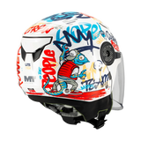 Casque jet enfant scooter MT Lite Crew de trois quarts arrière, décor graffiti et aération
