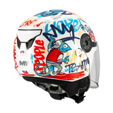 Casque jet enfant scooter MT Lite Crew de trois quarts arrière, décor graffiti et aération