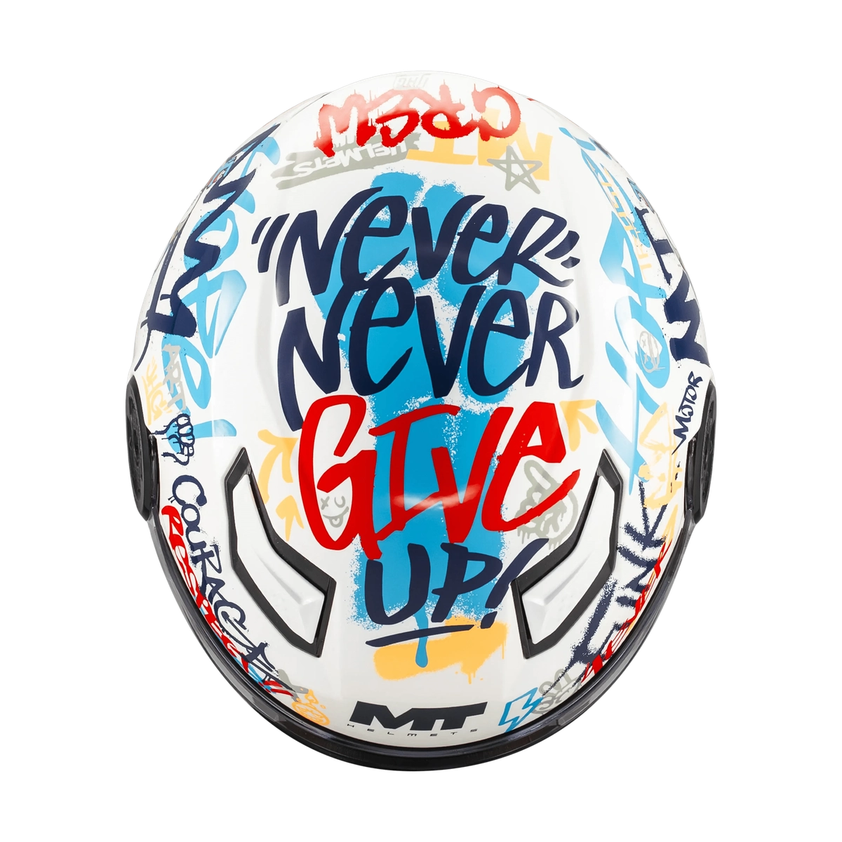 Casque jet enfant MT Lite Crew vu du dessus, inscription Never Never Give Up et aérations