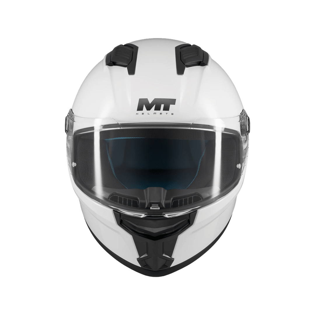 Casque intégral moto MT Stinger 2 blanc nacré vue de face visière relevée