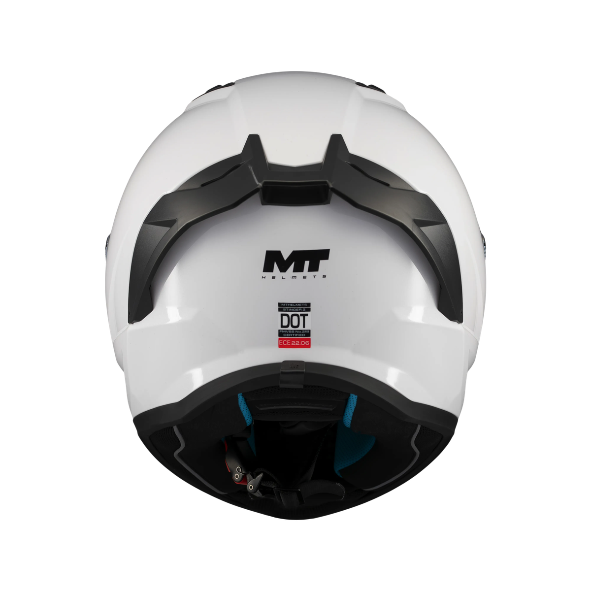 Casque intégral moto blanc vue arrière jugulaire et mousses intérieures Stinger 2