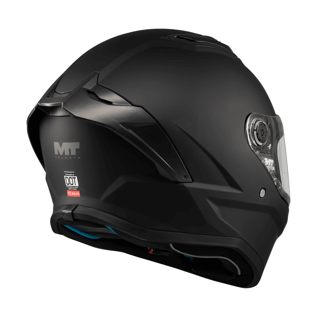 Casque intégral noir mat Stinger 2 vue arrière trois-quarts extracteurs de ventilation