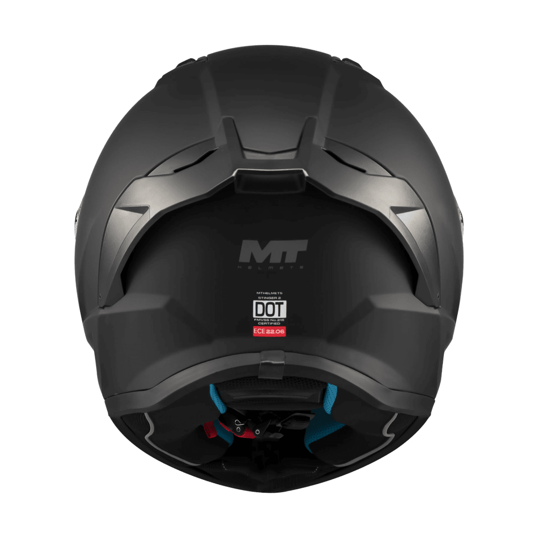 Casque intégral MT Stinger 2 noir mat vue arrière jugulaire et mousses intérieures