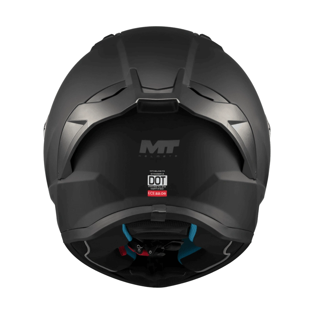 Casque intégral MT Stinger 2 noir mat vue arrière jugulaire et mousses intérieures