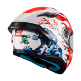 Casque intégral homologué ECE 22-06 Targo S Yamanaka vue arrière trois-quarts déco vagues