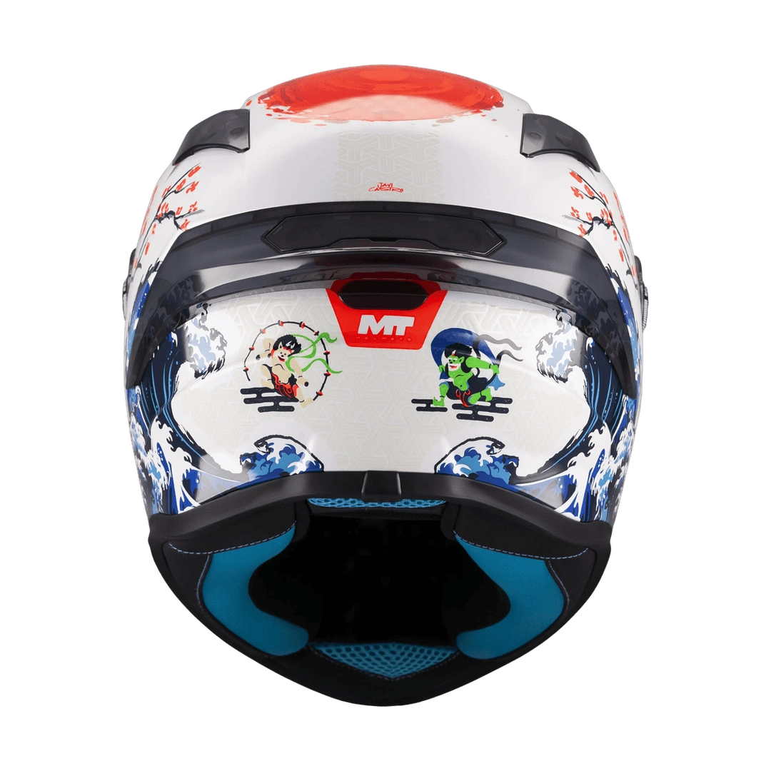 Casque intégral moto Targo S Yamanaka vue arrière soleil levant et jugulaire bleue