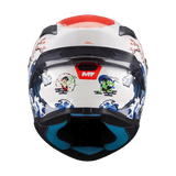 Casque intégral moto Targo S Yamanaka vue arrière soleil levant et jugulaire bleue