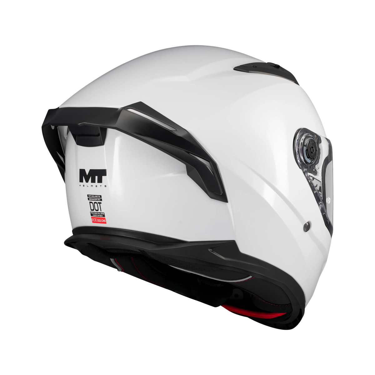Casque intégral moto MT Braker SV blanc nacré vue arrière avec aileron et étiquette homologation