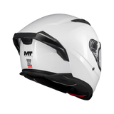 Casque intégral moto MT Braker SV blanc nacré vue arrière avec aileron et étiquette homologation