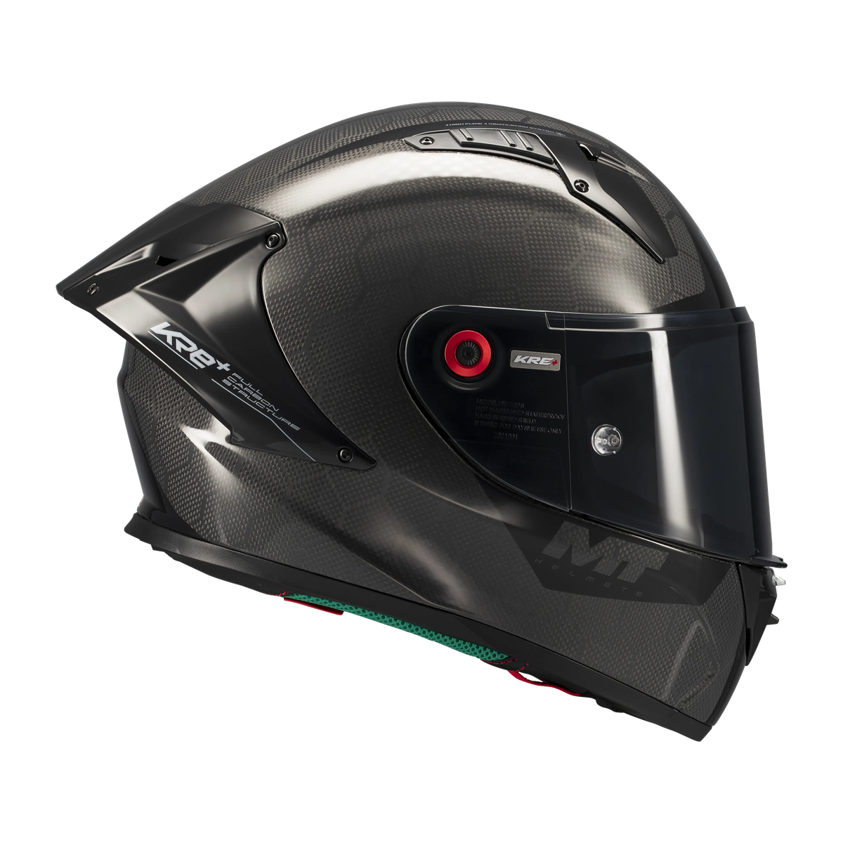 Casque intégral MT KRE+ S Pure noir gloss de trois-quarts arrière, tressage des fibres composites
