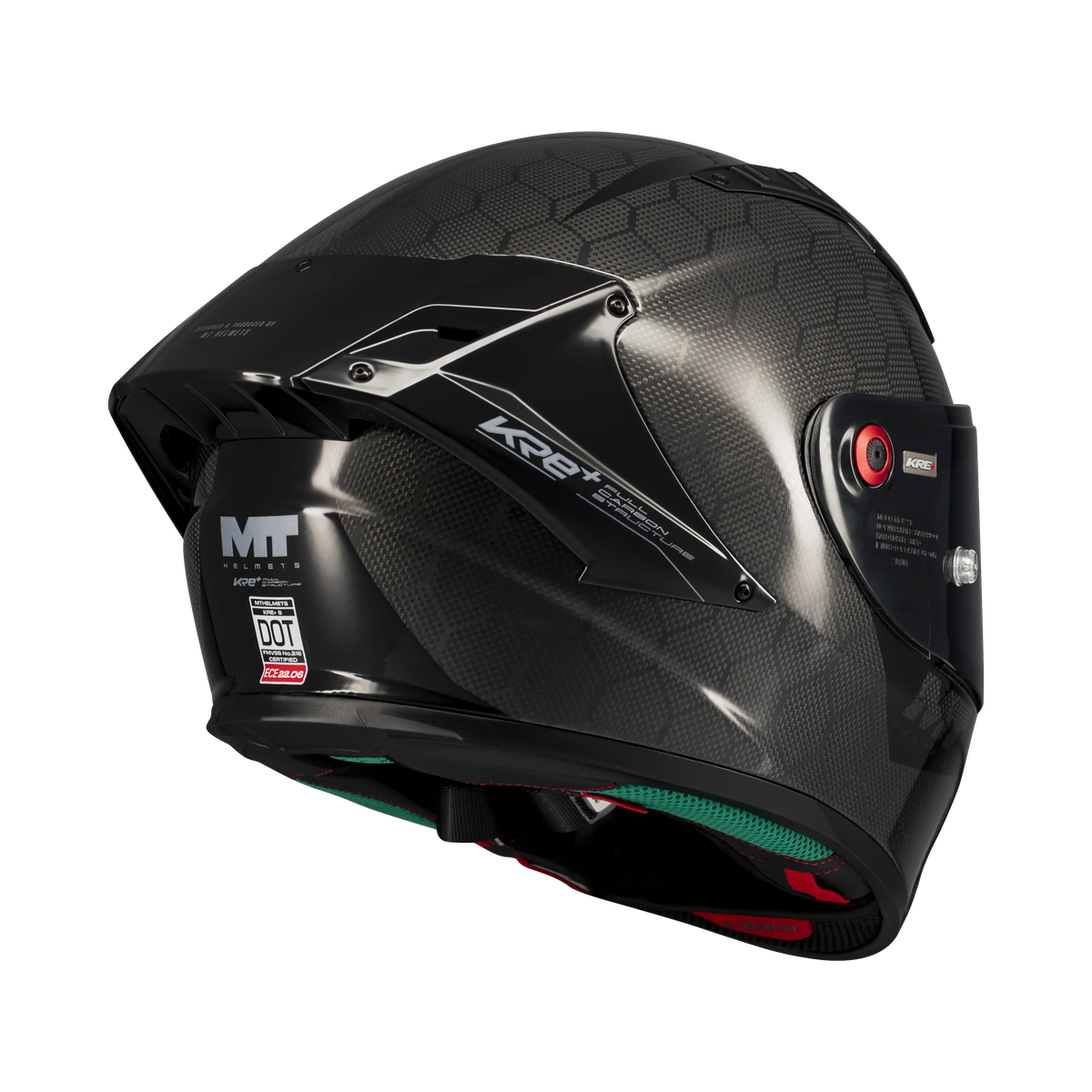 Casque intégral MT KRE+ S Pure noir gloss de dos, spoiler et homologation ECE 22-06