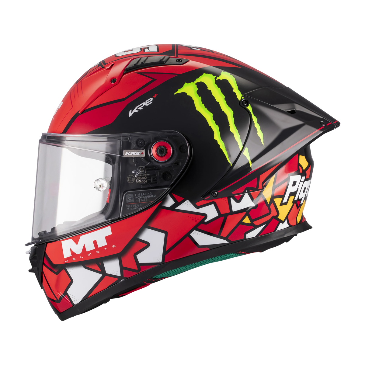 Casque intégral MT KRE+ S Piqueras B5 gloss de profil gauche, déco Monster et coque composite