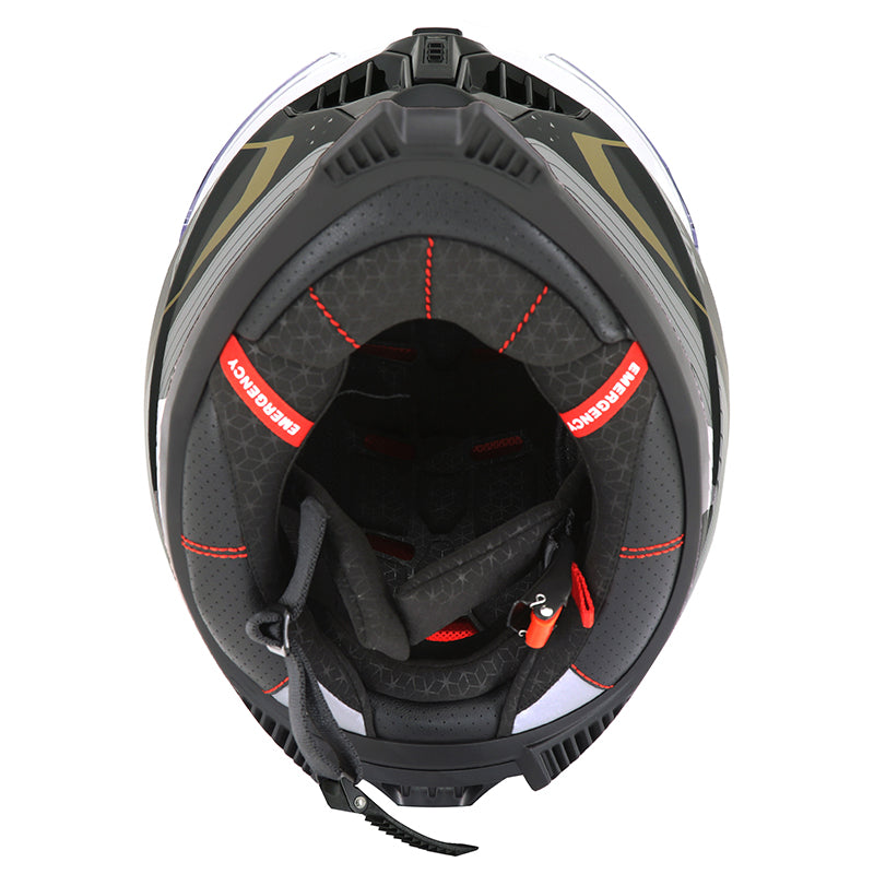 Casque intégral ADX AI500 EVO Noir/Or Mat — intérieur vu de dessous, languettes rouges « Emergency »