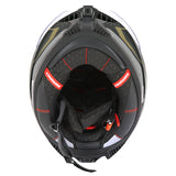 Casque intégral ADX AI500 EVO Noir/Or Mat — intérieur vu de dessous, languettes rouges « Emergency »