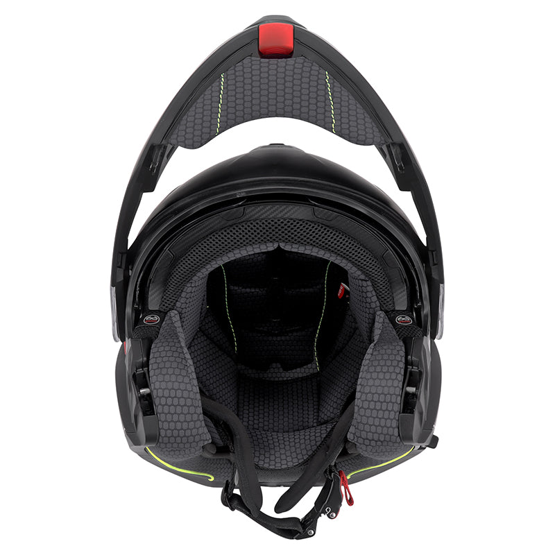 Casque modulable ADX AM600 Noir Mat — vue de face, mentonnière relevée, intérieur du casque