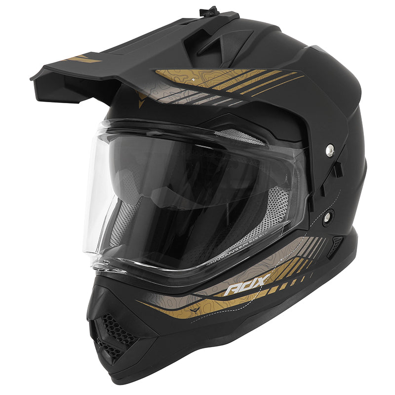 Casque cross/trail ADX AC900 Noir/Or Mat — vue trois-quarts avant, côté droit