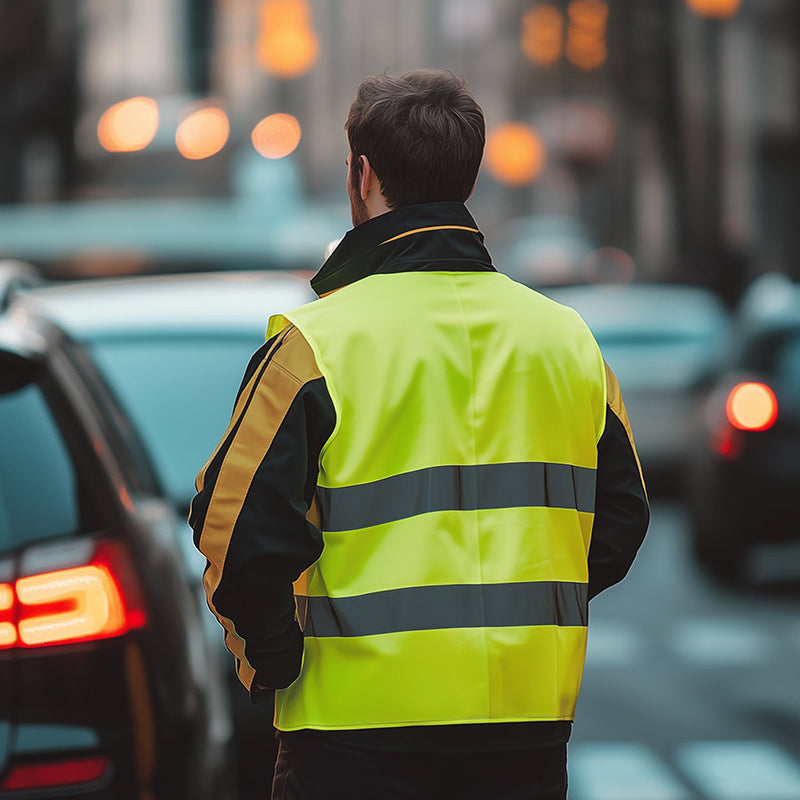 Gilet jaune haute visibilité porté, vu de dos dans la rue
