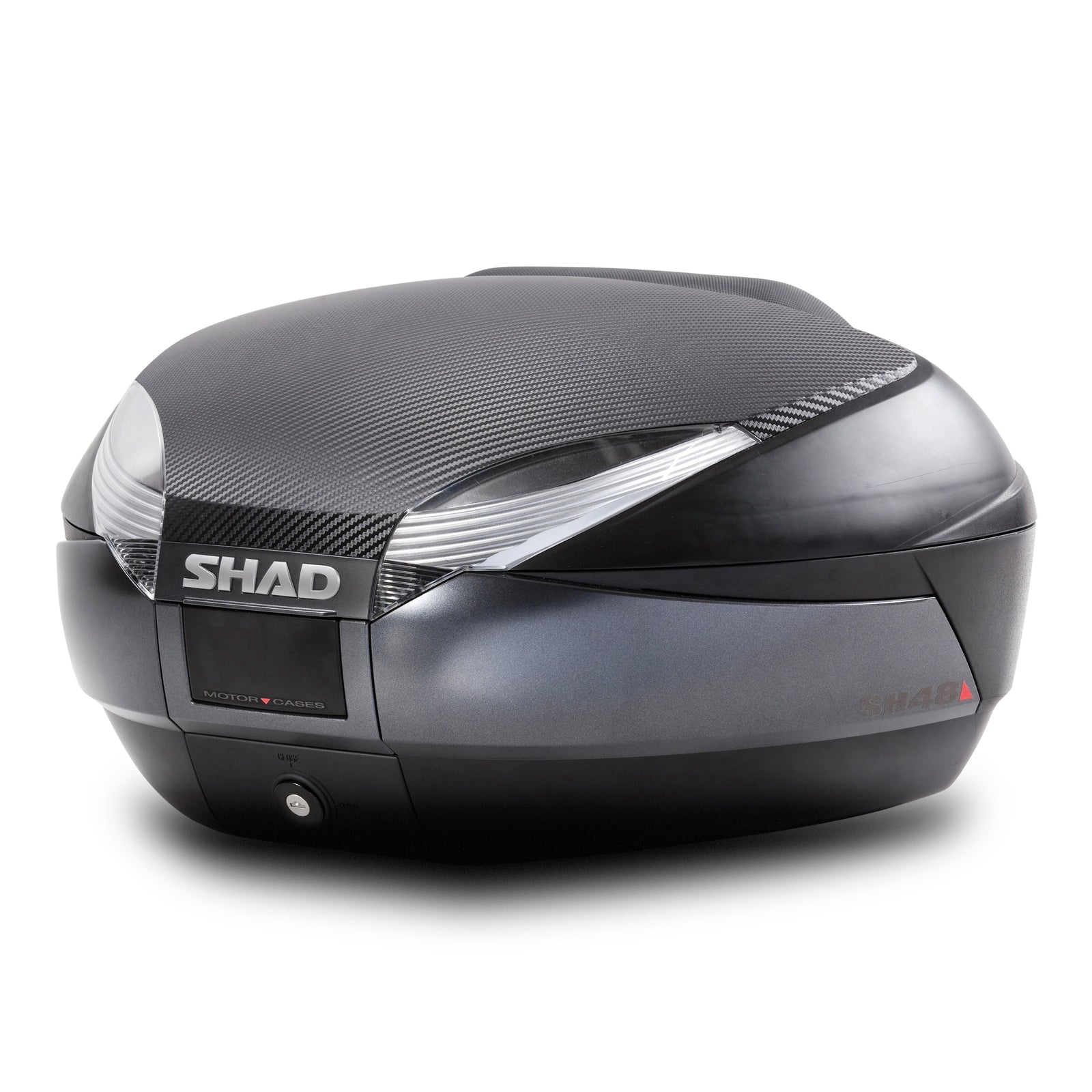 Top Case SHAD SH48 Carbon + Dosseret — Top Case Moto 48L Carbone avec Dosseret - LE PRATIQUE DU MOTARD