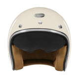 Casque jet à visière solaire crème de face, écran fumé baissé et intérieur cuir camel