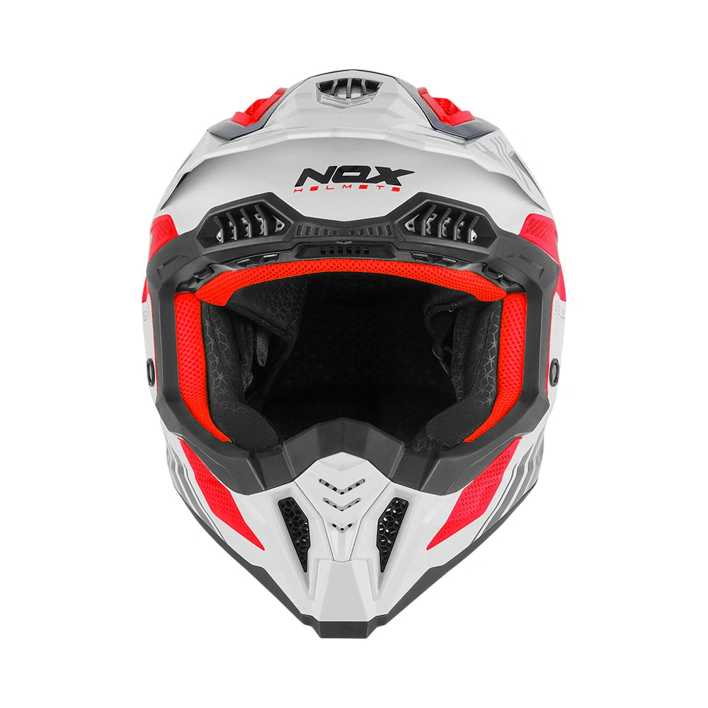 Casque cross NOX N634 Storm blanc bleu rouge vue trois-quarts, casquette-visière et mentonnière