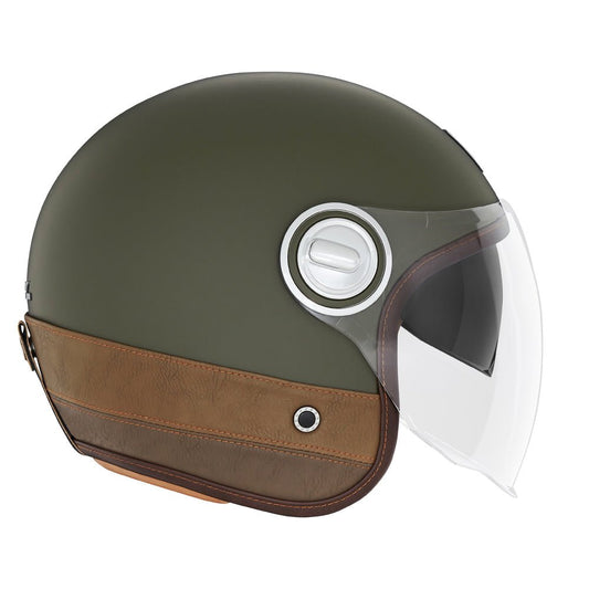 Casque Moto Jet Heritage Kaki Mat Cuir Marron | NOX - LE PRATIQUE DU MOTARD