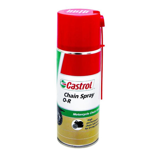 GRAISSE A CHAINE MOTO CASTROL CHAIN SPRAY O - R (AEROSOL 400 ml) O.RING ET X.RING (AVEC OU SANS JOINT) - LE PRATIQUE DU MOTARD