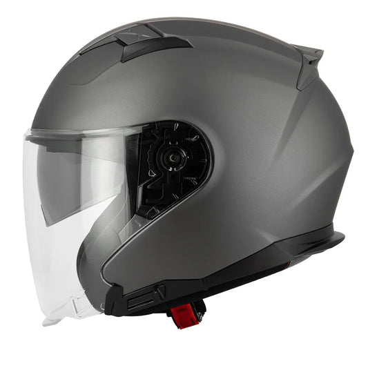 Casque jet moto gris mat S771 BLAKE de profil, mécanisme d'écran et coque ABS EIGHT