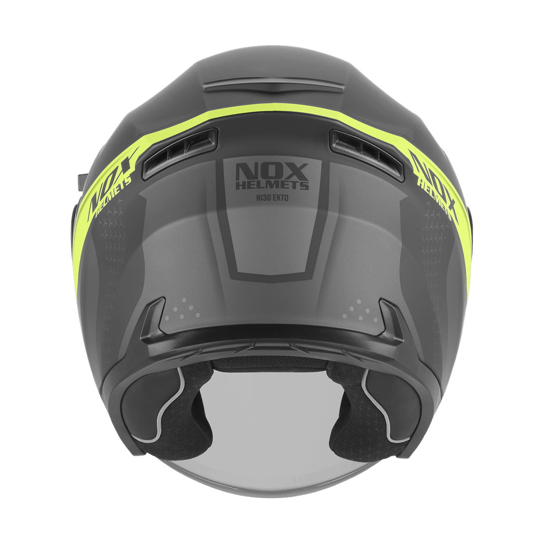 Casque jet graphique N130 Ekto noir mat jaune fluo vu de l'arrière, extracteurs et liseré fluo
